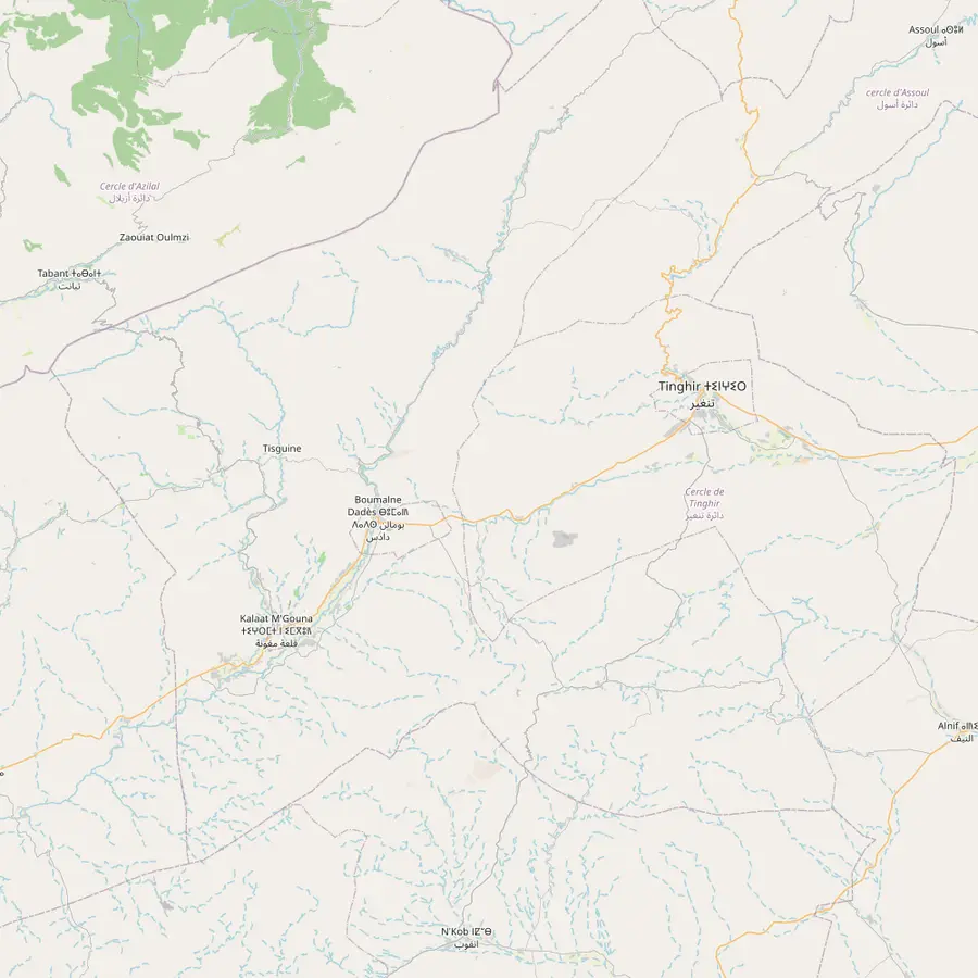 Map of Kalaat M'Gouna, Boumalne Dades and the Dades Gorges, and of Tinghir with the Todra Gorge