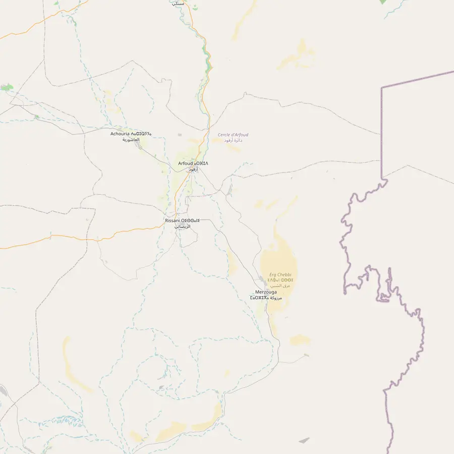 Map of the Tafilalt towns Erfoud and Rissani, the village of Merzouga and the dunes of Erg Chebbi near the Algerian border