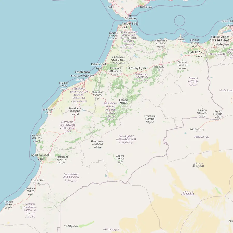 Map of southern Morocco from Marrakech over the Tichka pass to Ouarzazate, the Dades valley, Tinghir, Errachidia and Merzouga, with Zagora, Midelt and Fes